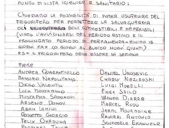 Giorgio ci scrive dal carcere delle Vallette: petizione per un frigo per i detenuti della nona sezione